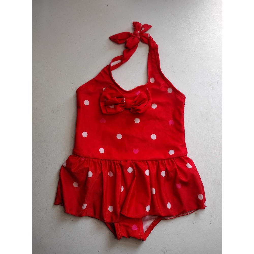 Red Polka Dot Heart Print Halter One Piece Skirted Swimsuit Girls 5t